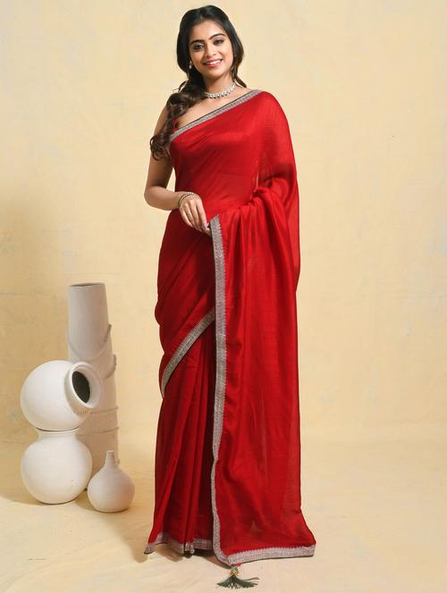 women solid with embellished bordered saree with blouse - 21965649 - Standard Image - 0