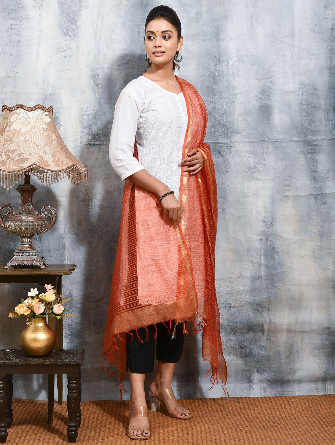 women orange striped dupatta - 21965735 -  Standard Image - 1