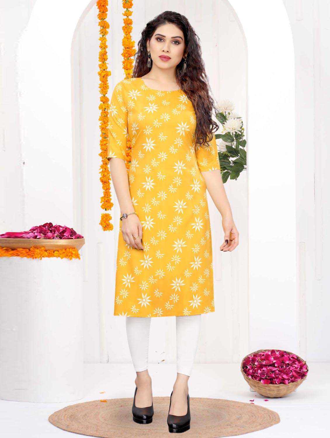 women printed three quarter sleeve straight kurta - 21965886 -  Standard Image - 1