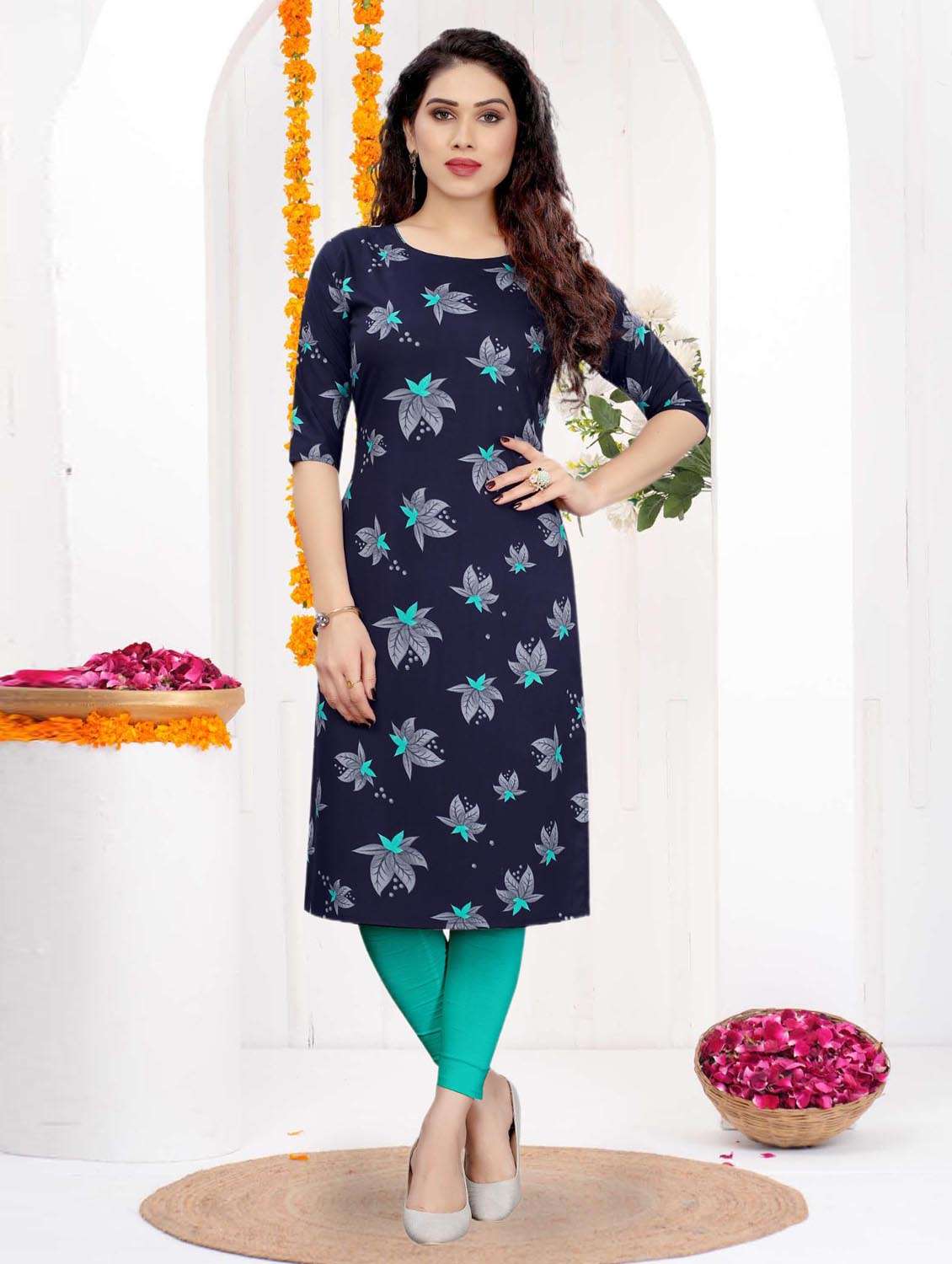 women printed three quarter sleeve straight kurta - 21965889 -  Standard Image - 1