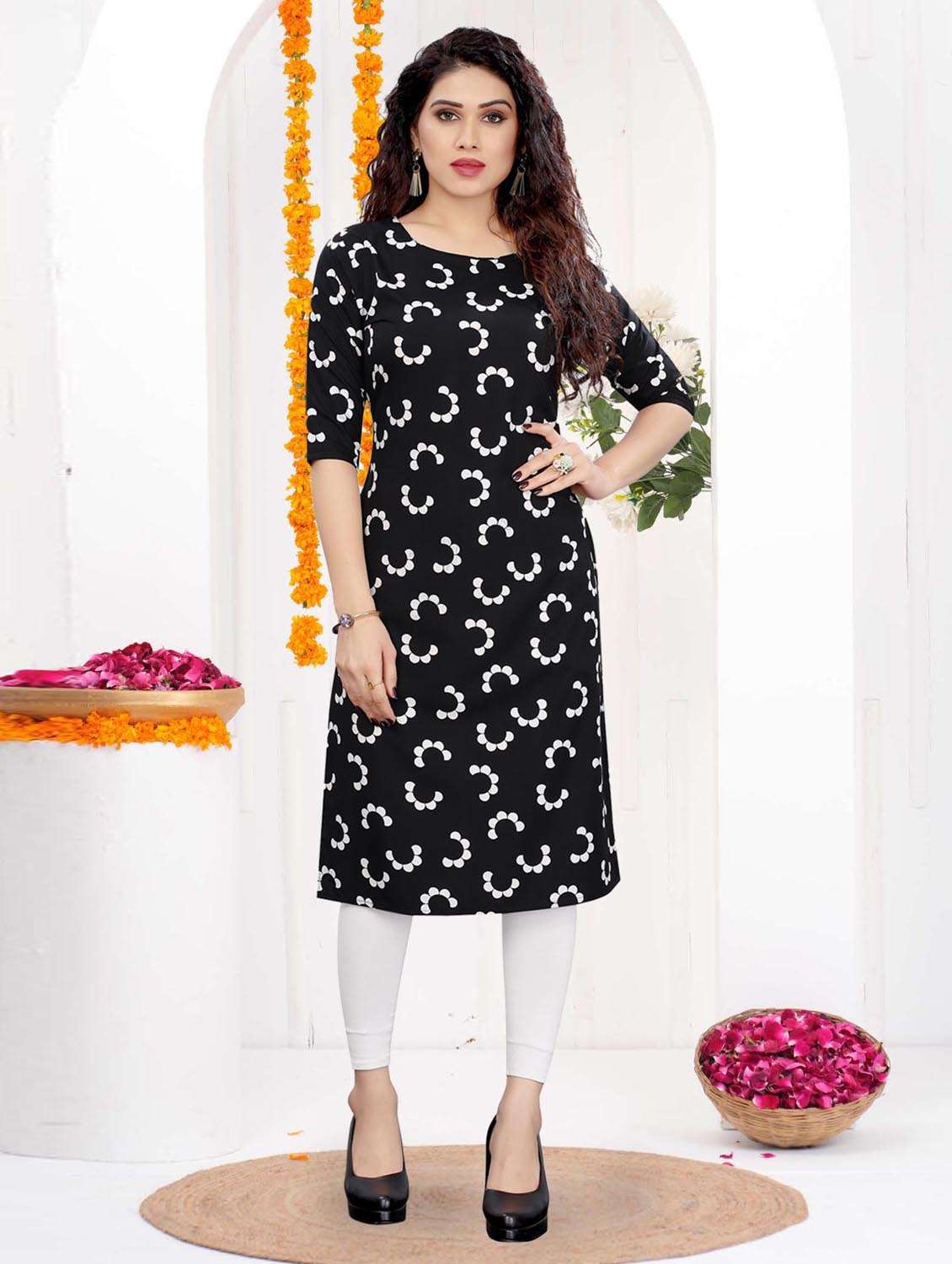 women printed three quarter sleeve straight kurta - 21965890 -  Standard Image - 1