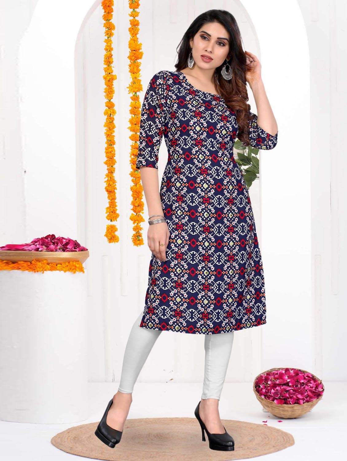 women printed three quarter sleeve straight kurta