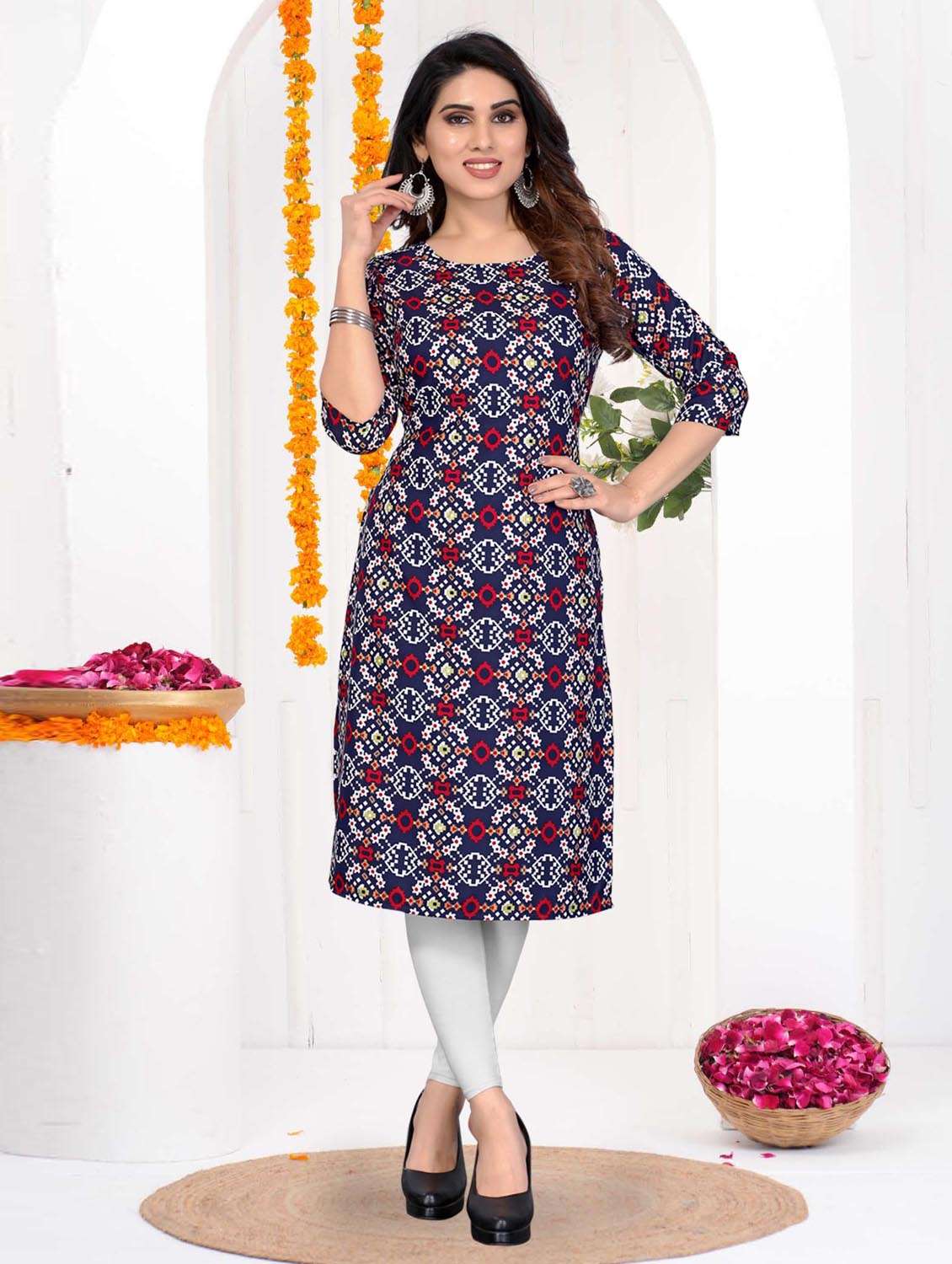 women printed three quarter sleeve straight kurta - 21965891 -  Standard Image - 1