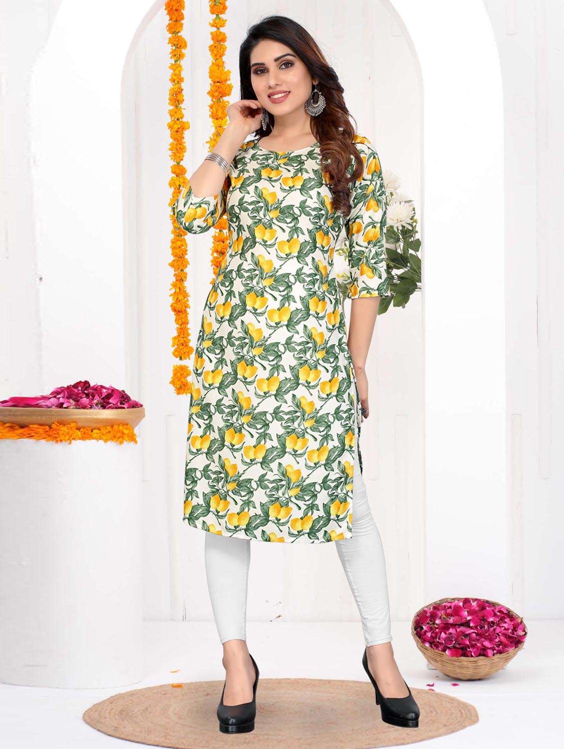 women printed three quarter sleeve straight kurta - 21965892 -  Standard Image - 1