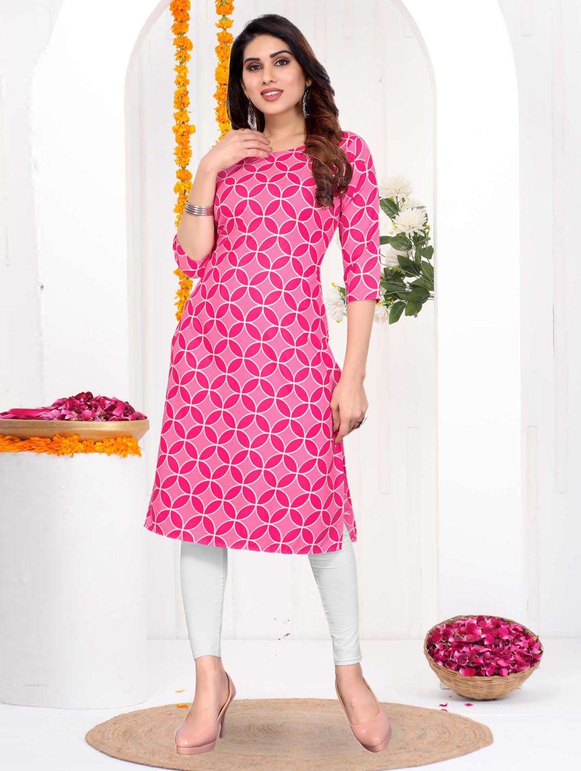 women printed three quarter sleeve straight kurta - 21965893 -  Standard Image - 1