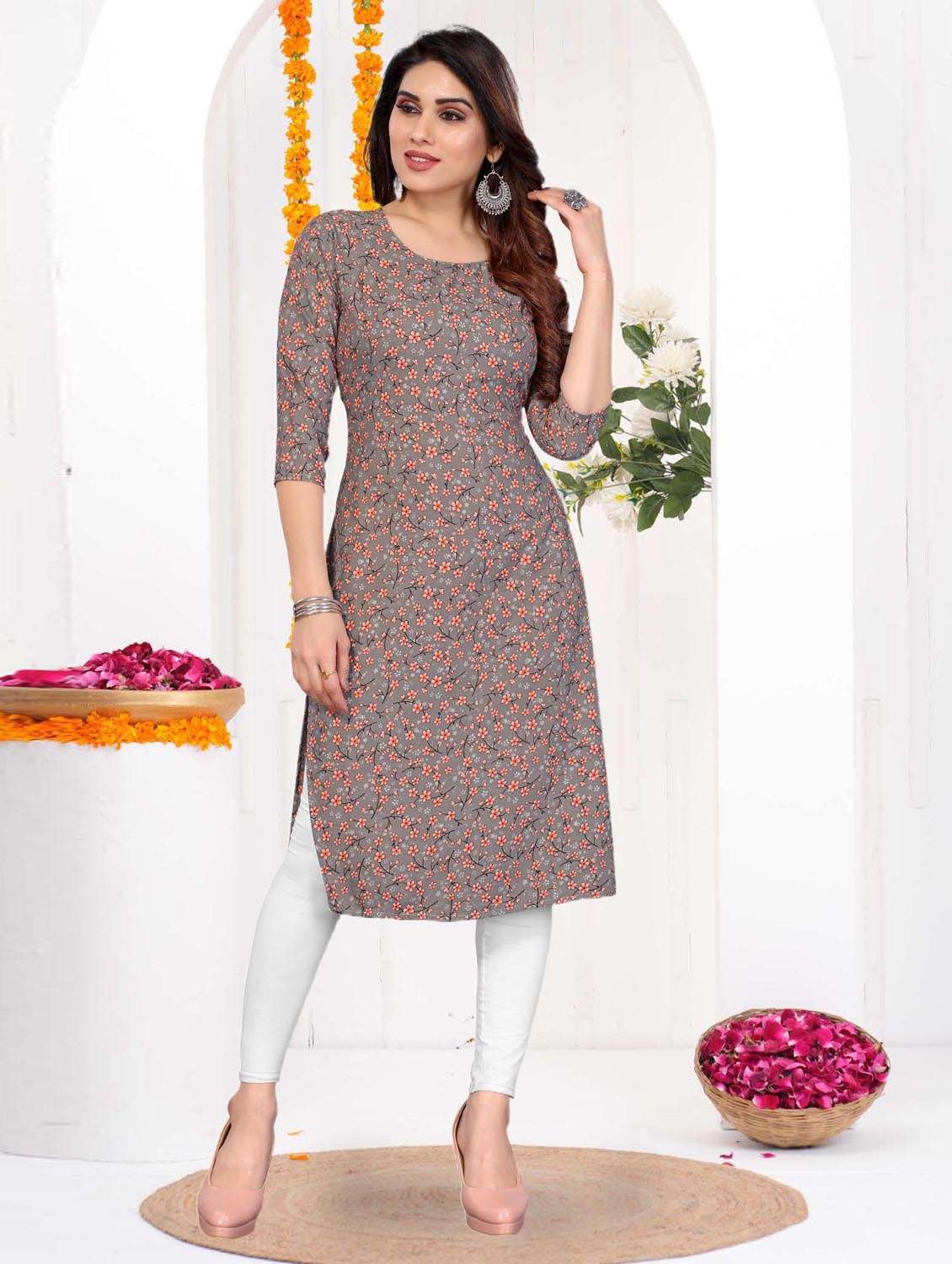 women printed three quarter sleeve straight kurta