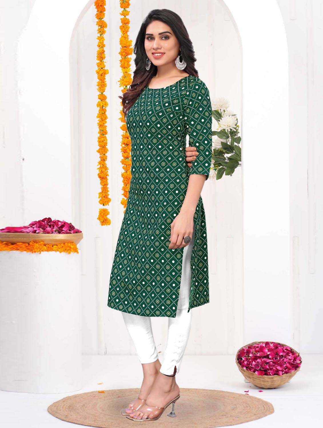 women printed three quarter sleeve straight kurta - 21965905 -  Standard Image - 1