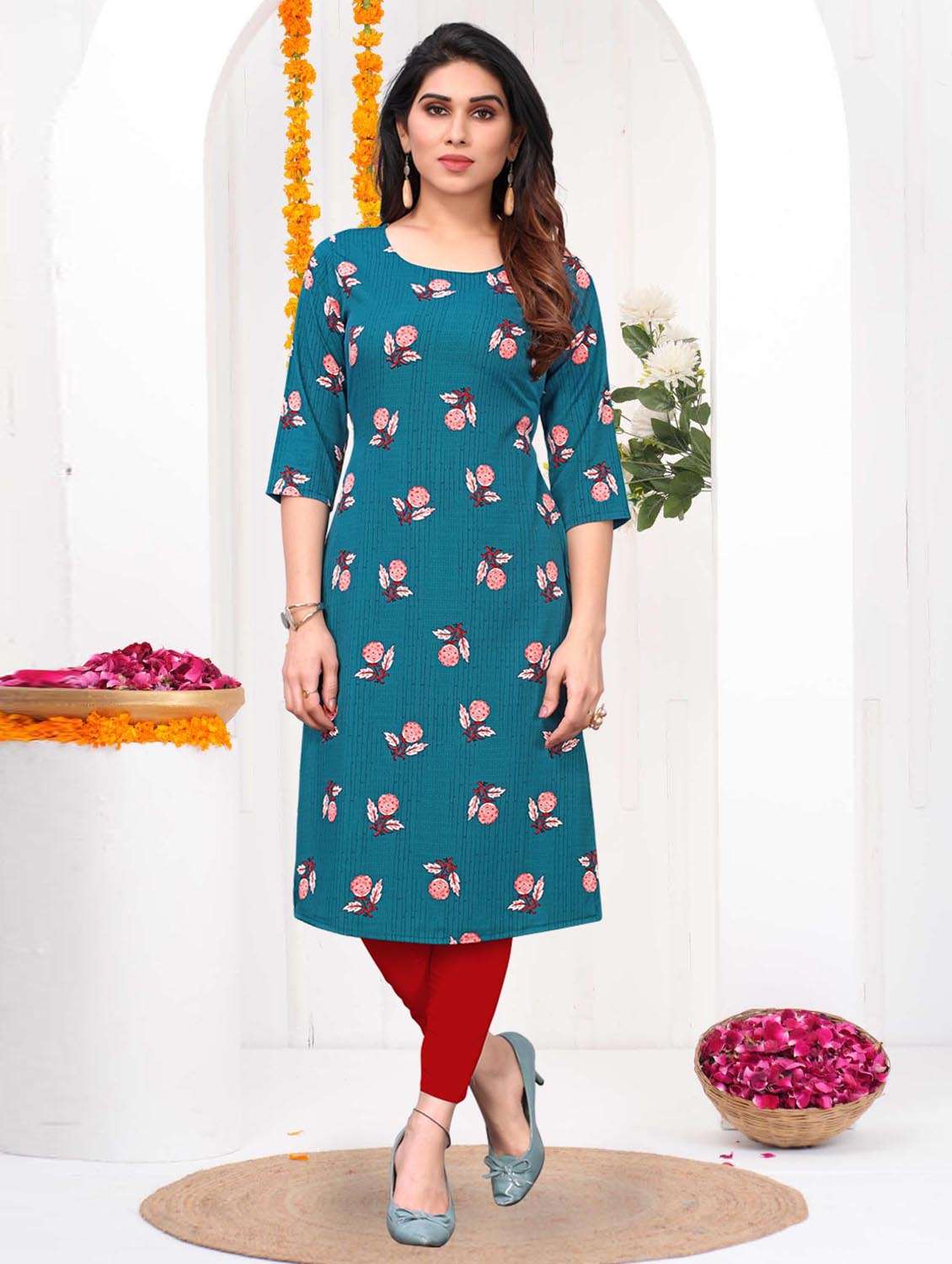 women printed three quarter sleeve straight kurta