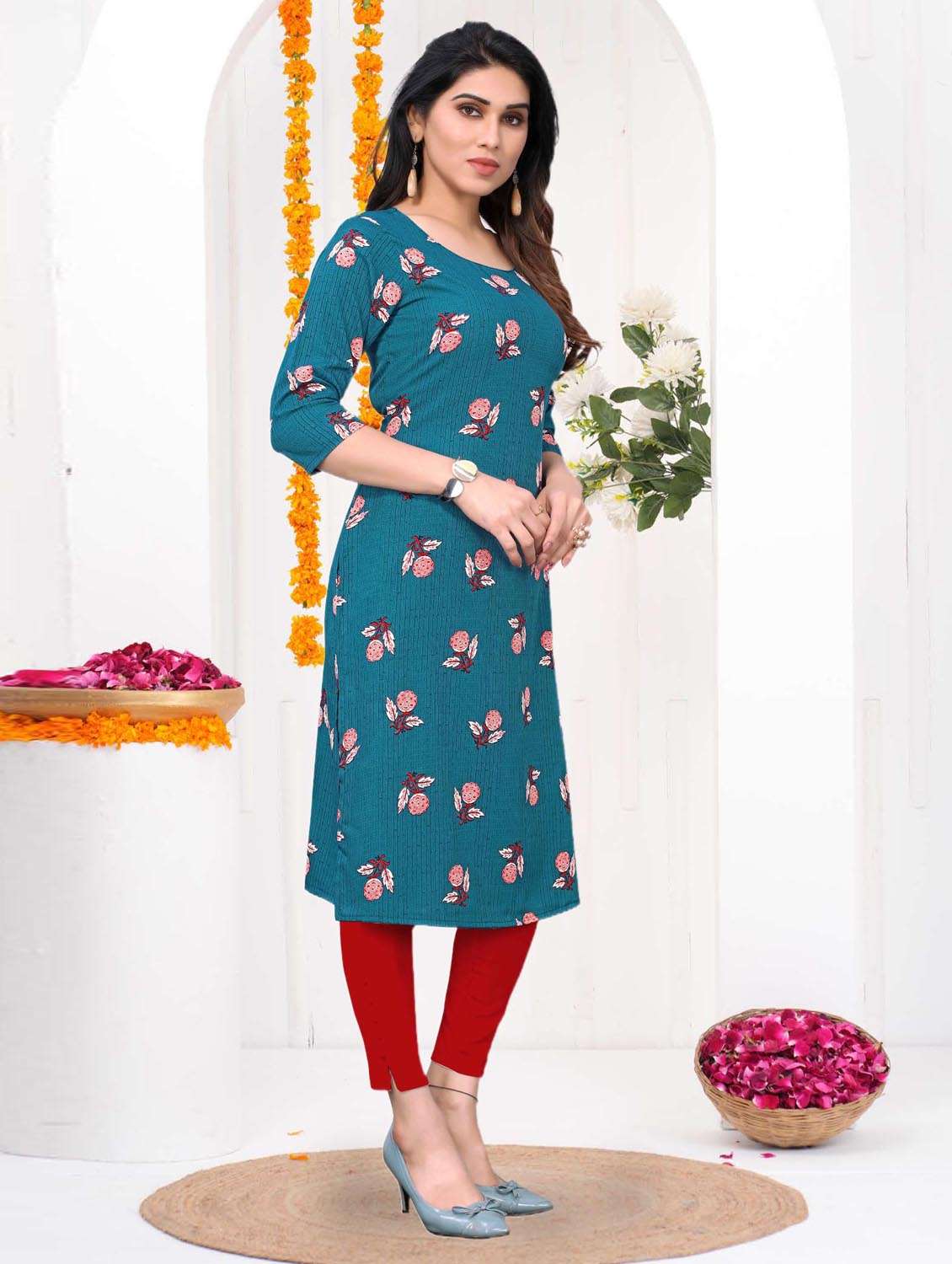 women printed three quarter sleeve straight kurta - 21965906 -  Standard Image - 1