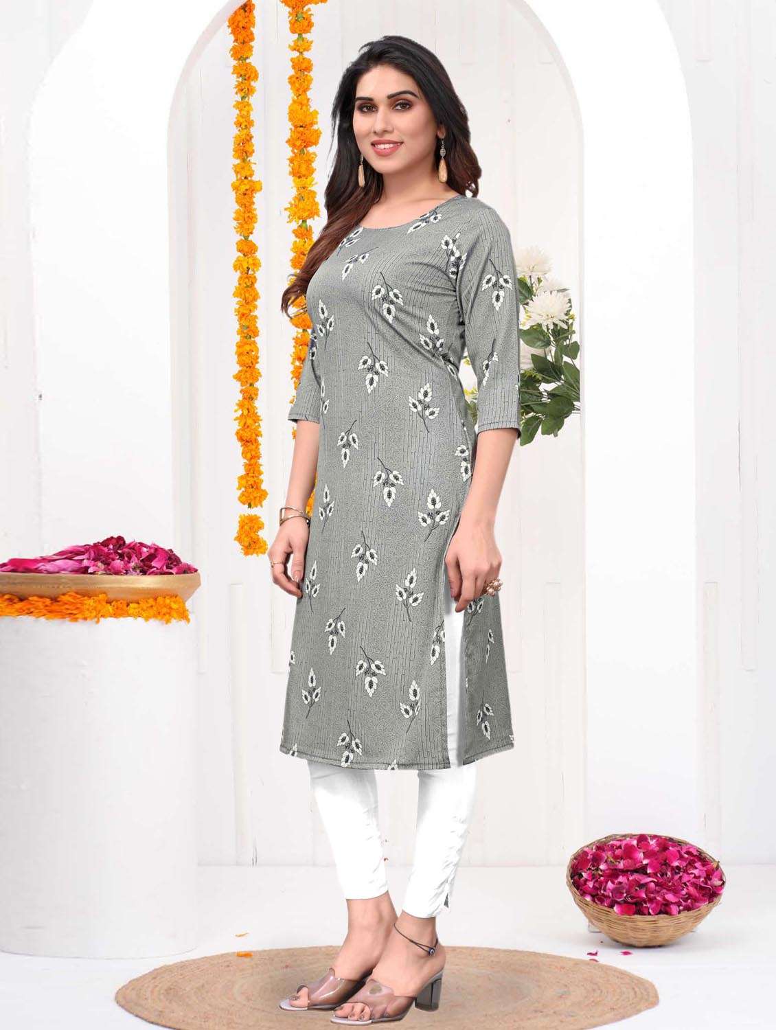 women printed three quarter sleeve straight kurta - 21965907 -  Standard Image - 1