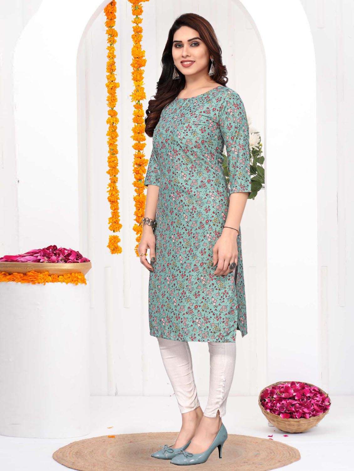 women printed three quarter sleeve straight kurta - 21965920 -  Standard Image - 1