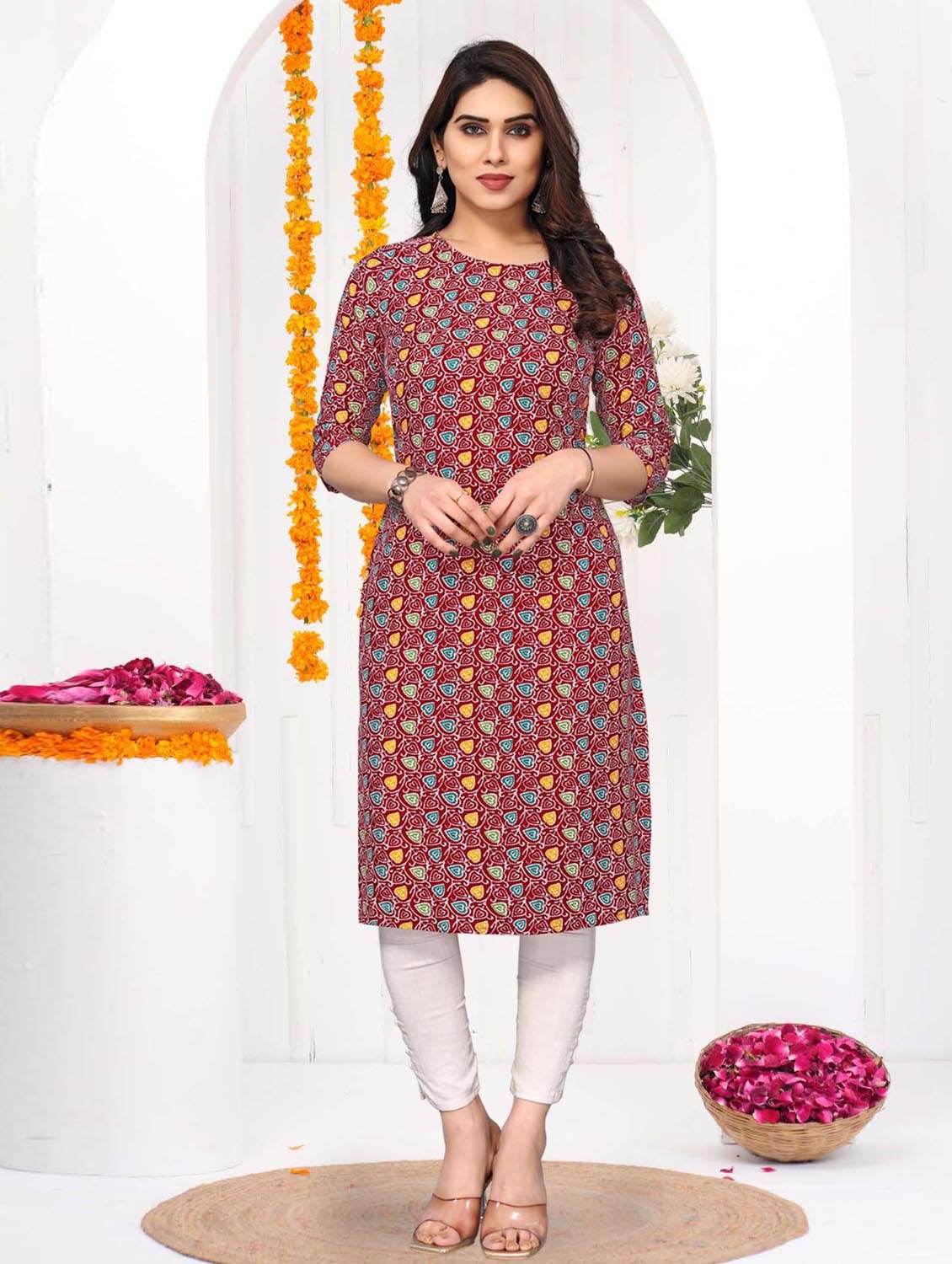 women printed three quarter sleeve straight kurta