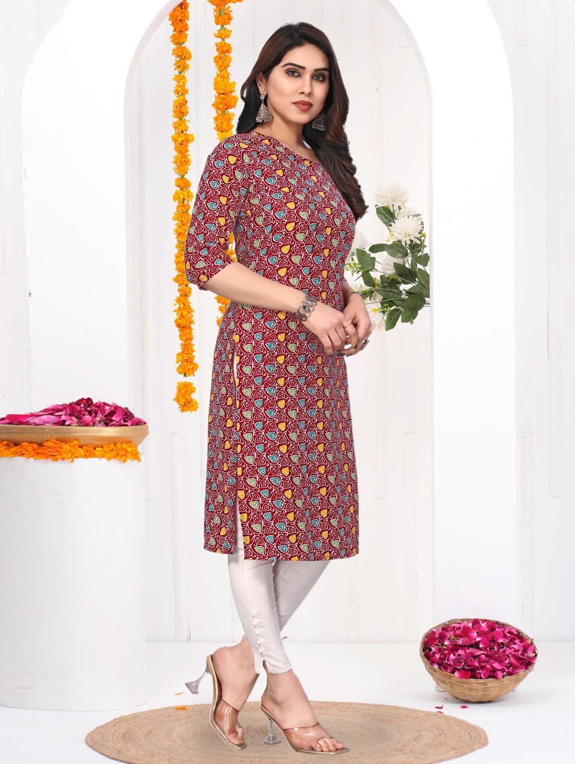 women printed three quarter sleeve straight kurta - 21965921 - Standard Image - 1