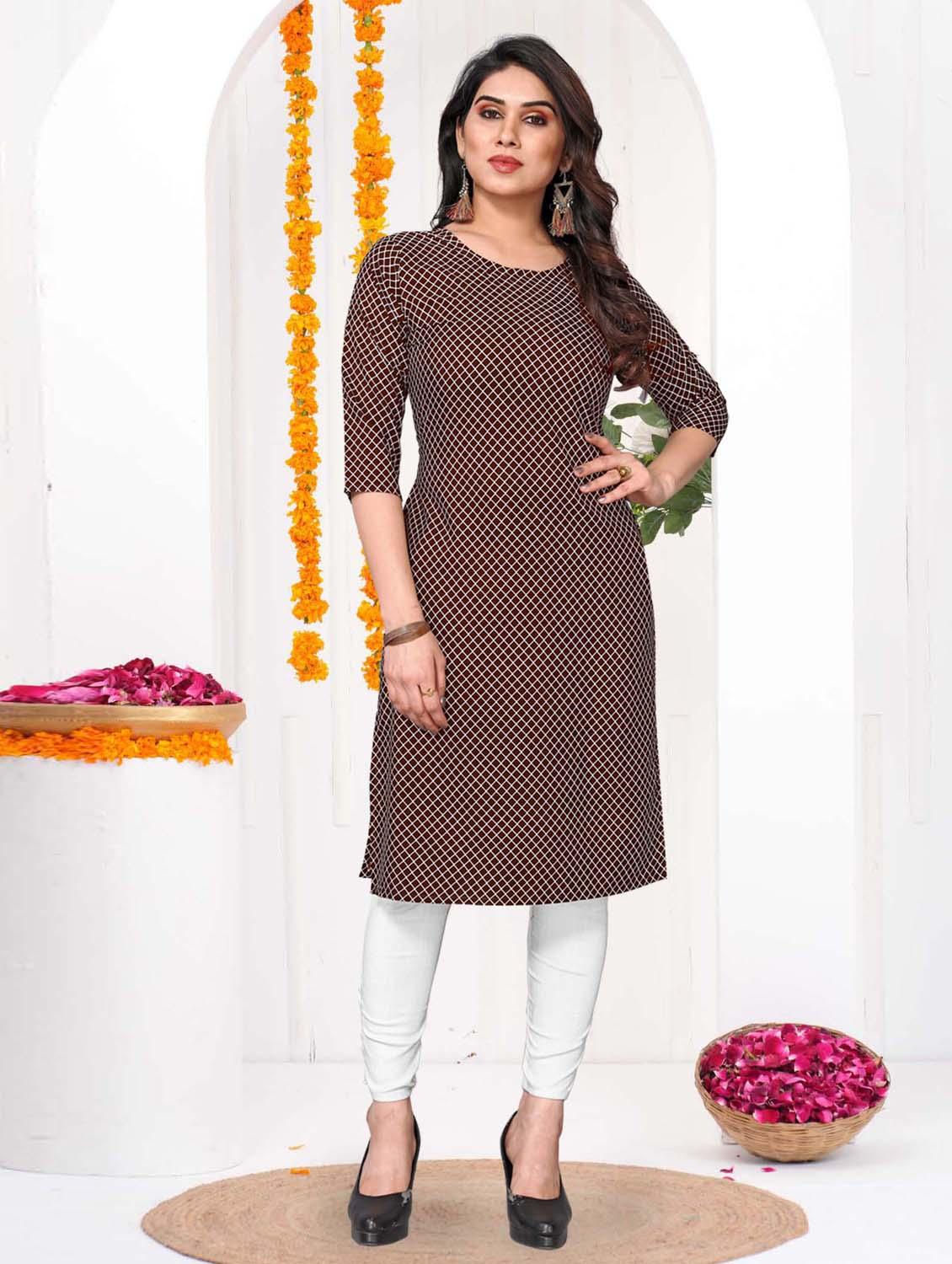 women checkered three quarter sleeve straight kurta - 21965933 -  Standard Image - 1