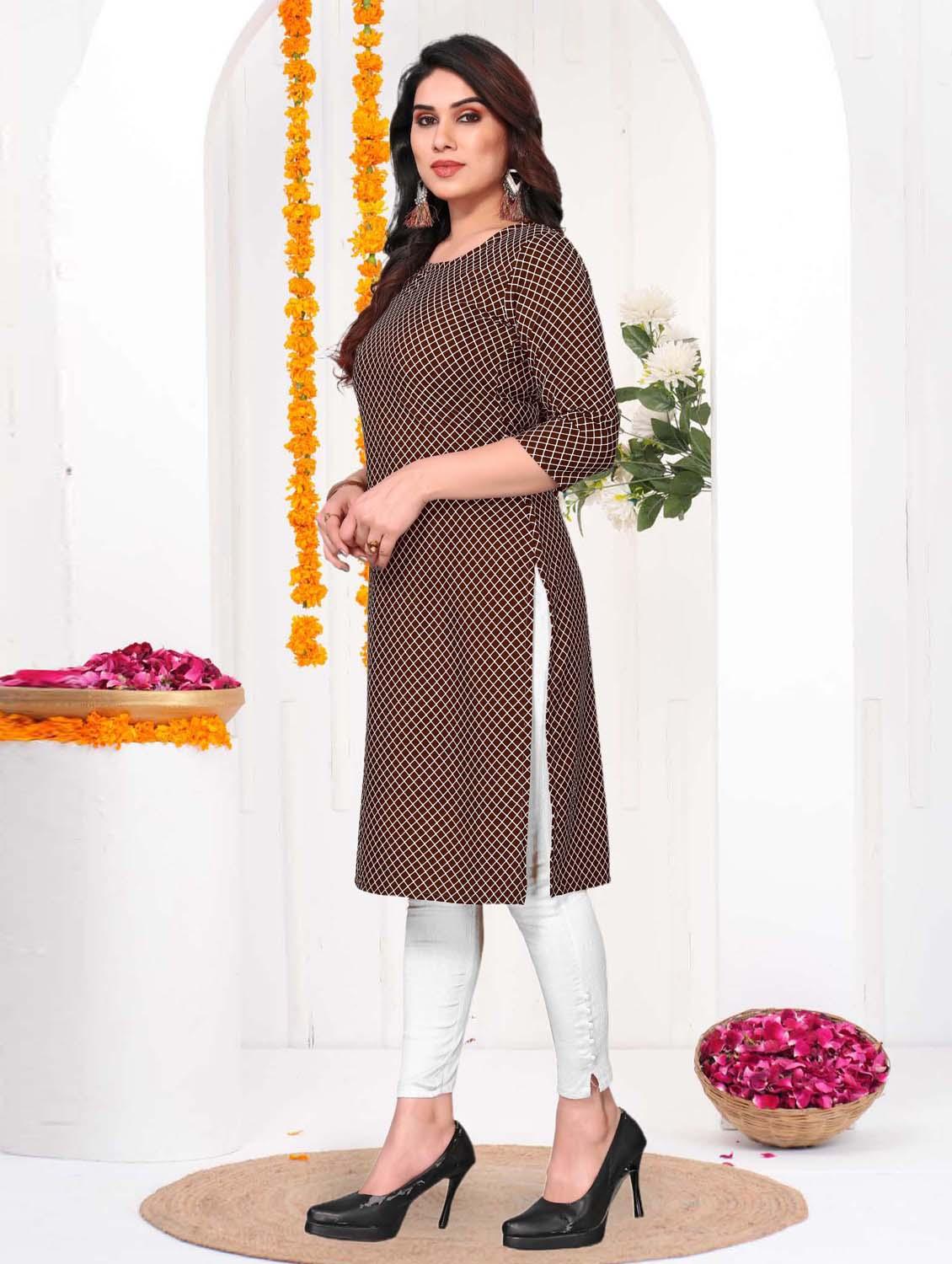 women checkered three quarter sleeve straight kurta - 21965933 - Standard Image - 4
