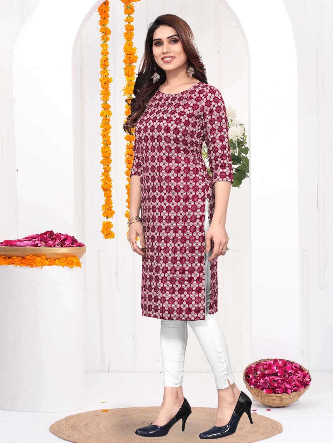 women printed three quarter sleeve straight kurta - 21965937 -  Standard Image - 1