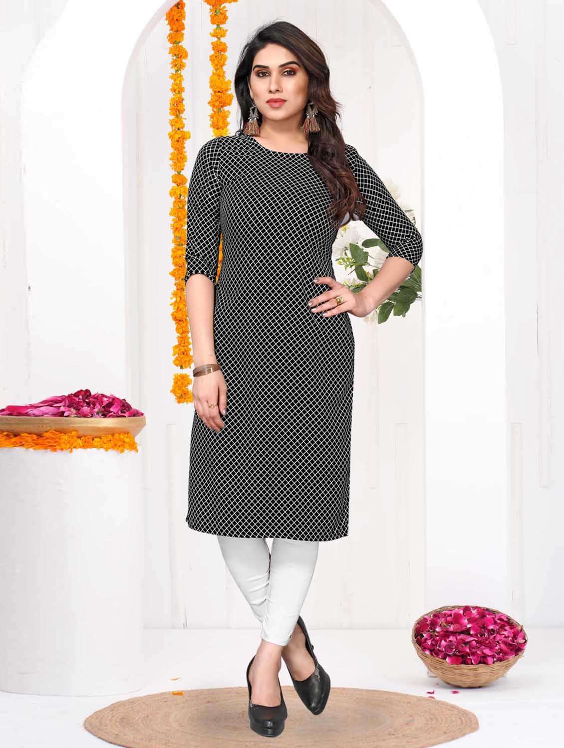 women checkered three quarter sleeve straight kurta - 21965943 -  Standard Image - 1