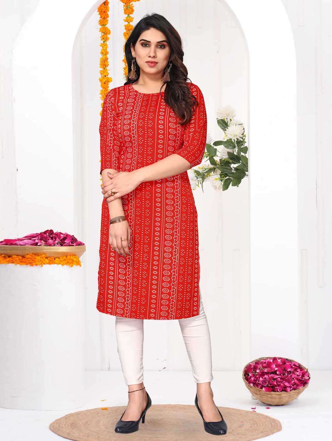women printed three quarter sleeve straight kurta - 21965944 -  Standard Image - 1