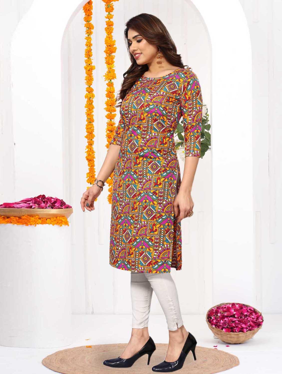 women printed three quarter sleeve straight kurta - 21965945 - Standard Image - 1
