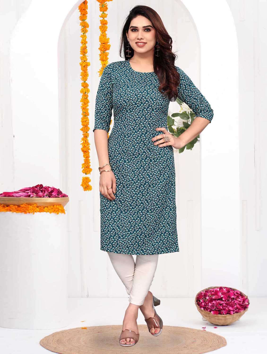 women printed three quarter sleeve straight kurta