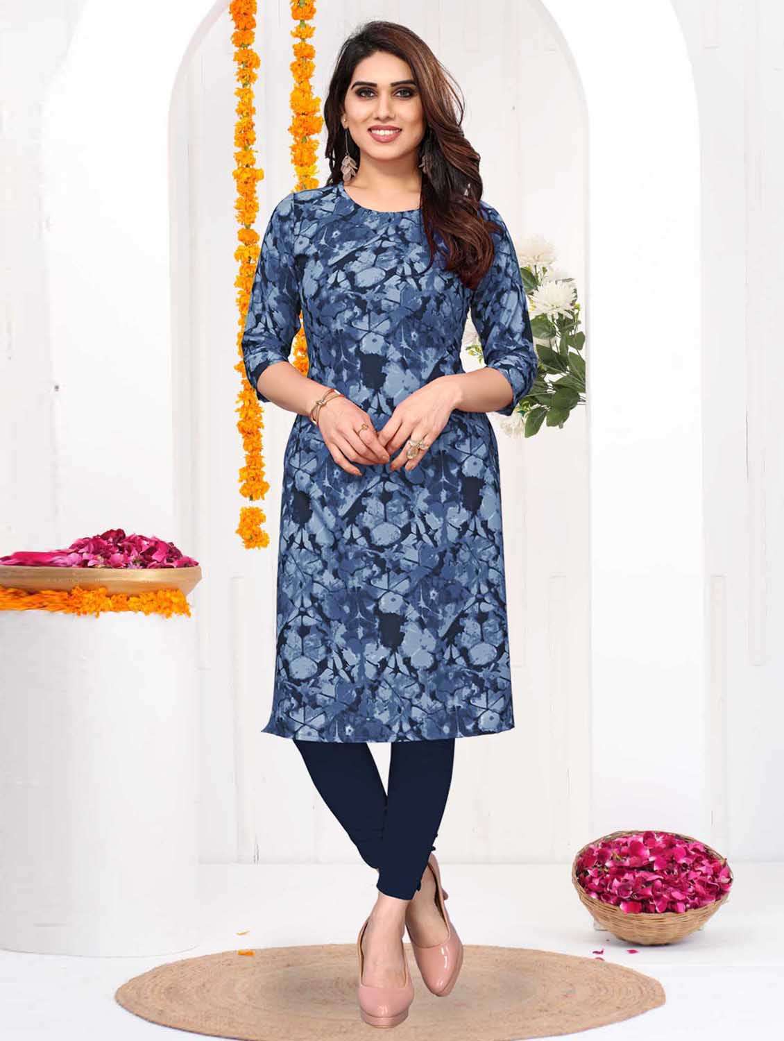 women printed three quarter sleeve straight kurta