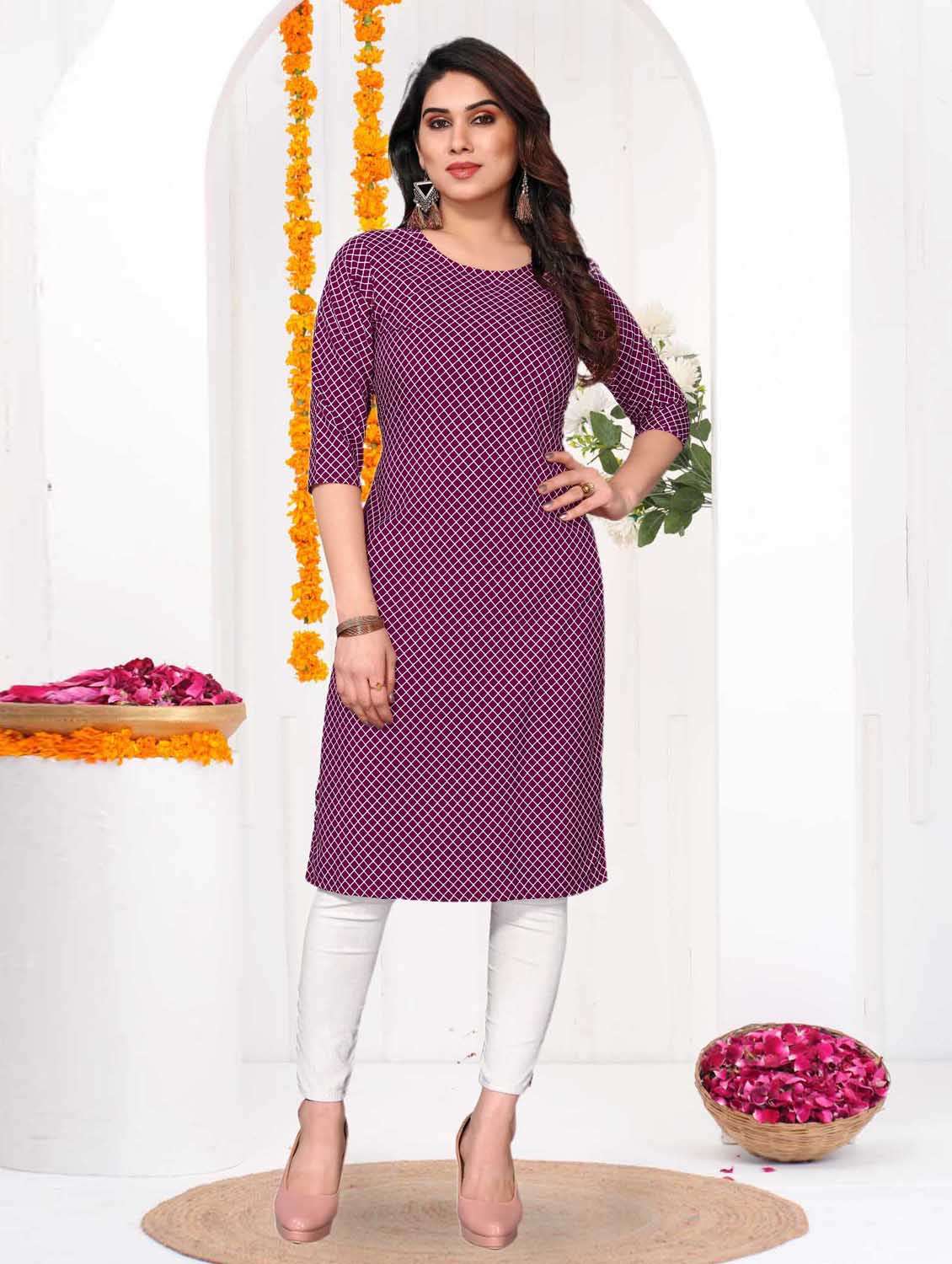 women checkered three quarter sleeve straight kurta - 21965953 -  Standard Image - 4