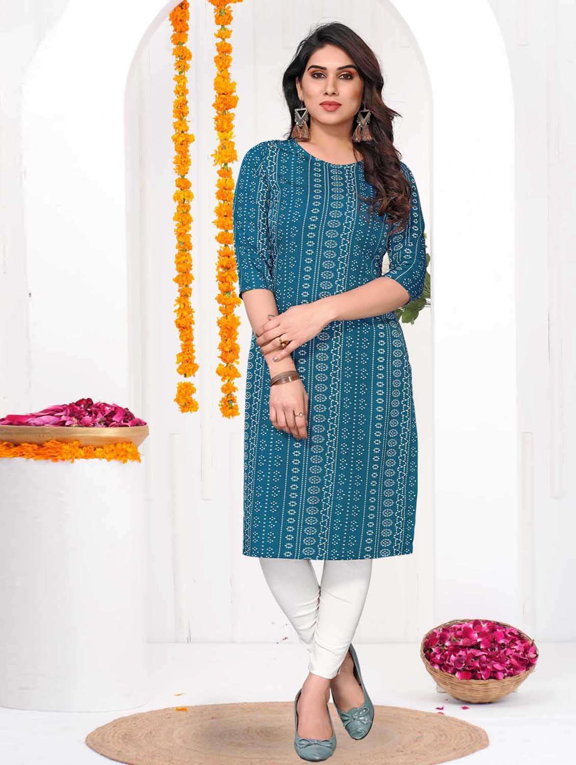women printed three quarter sleeve straight kurta - 21965954 -  Standard Image - 1
