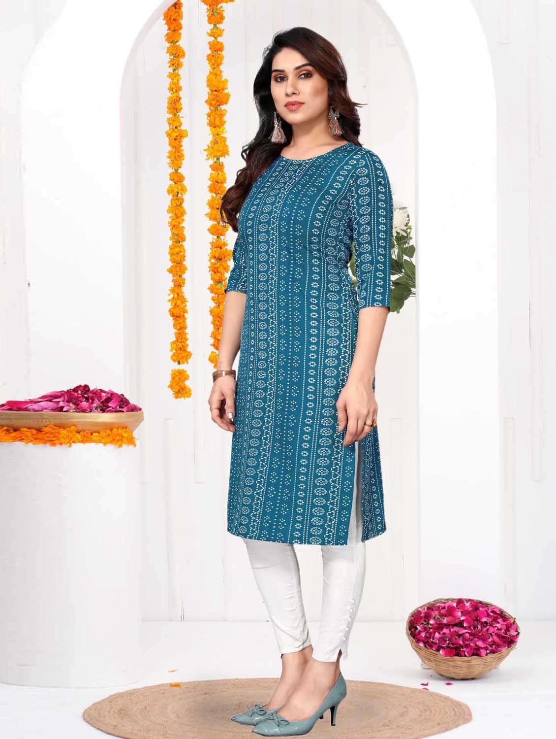 women printed three quarter sleeve straight kurta - 21965954 -  Standard Image - 4