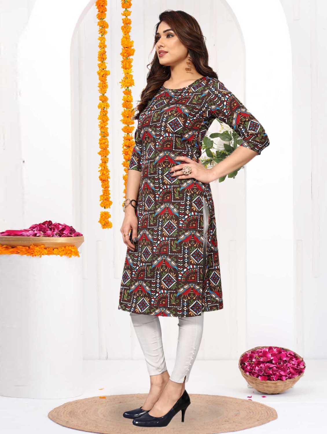 women printed three quarter sleeve straight kurta - 21965955 -  Standard Image - 1