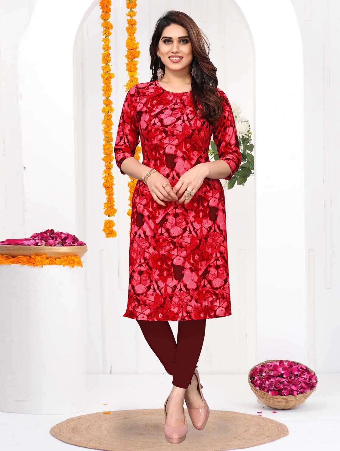 women printed three quarter sleeve straight kurta