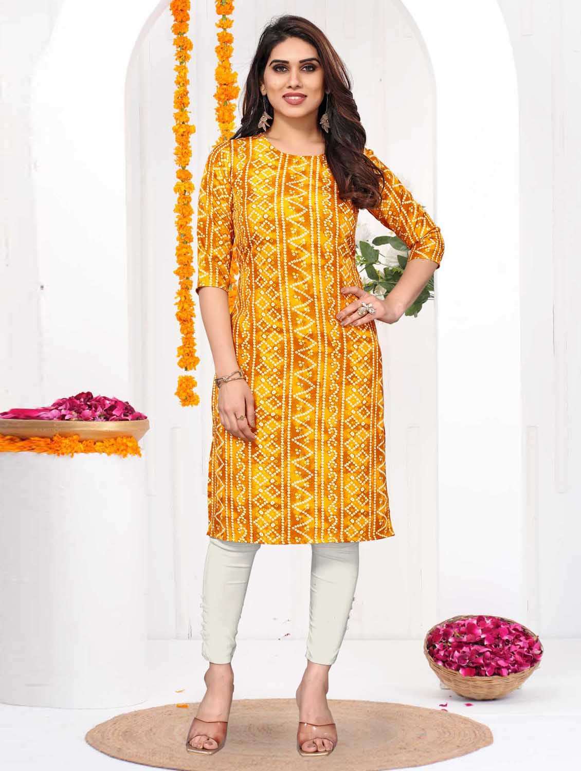 women printed three quarter sleeve straight kurta