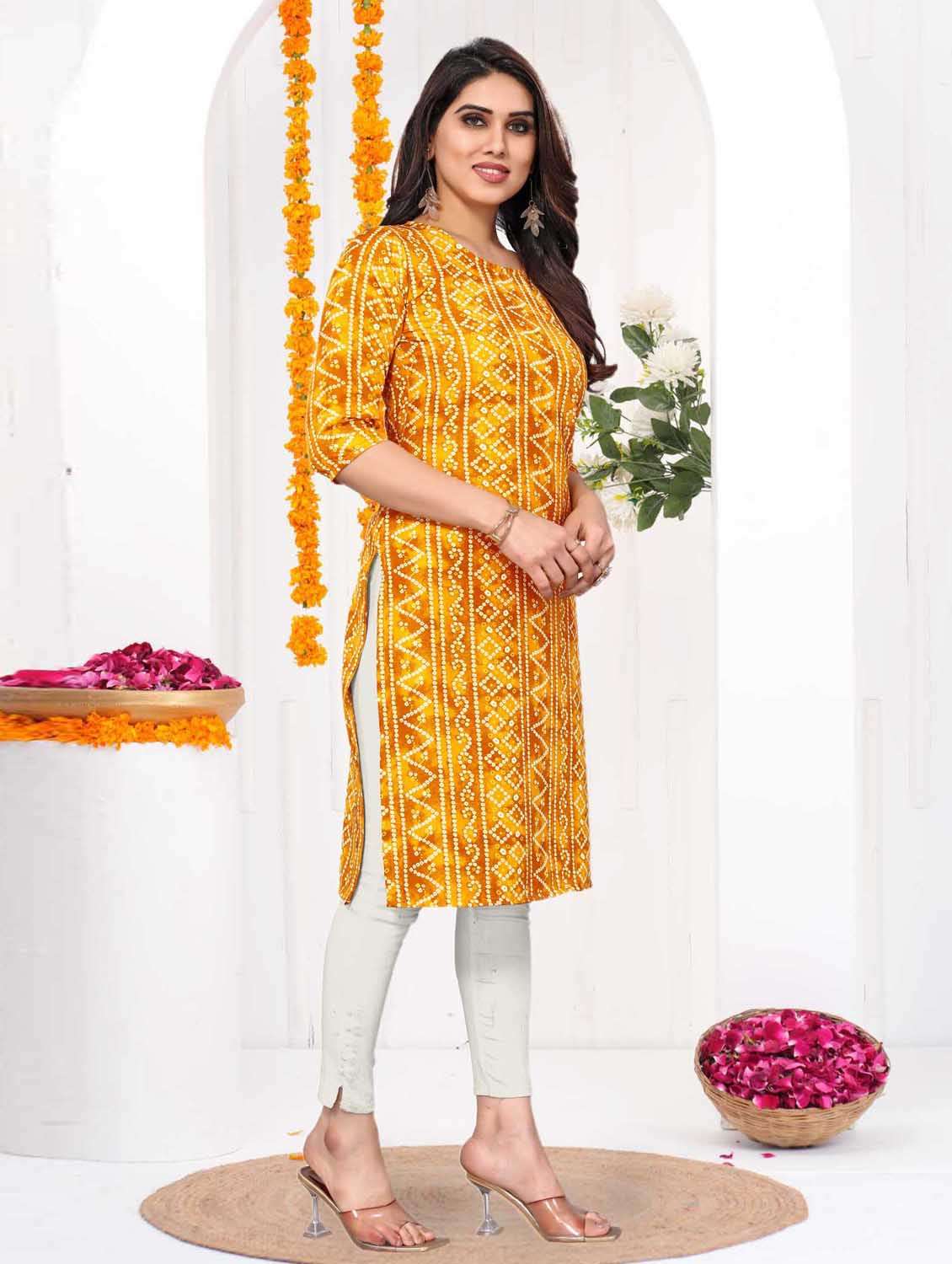 women printed three quarter sleeve straight kurta - 21965961 -  Standard Image - 1