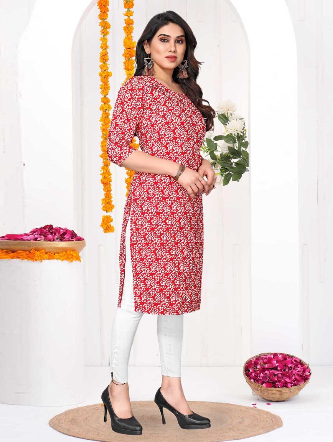 women printed three quarter sleeve straight kurta - 21965962 -  Standard Image - 1