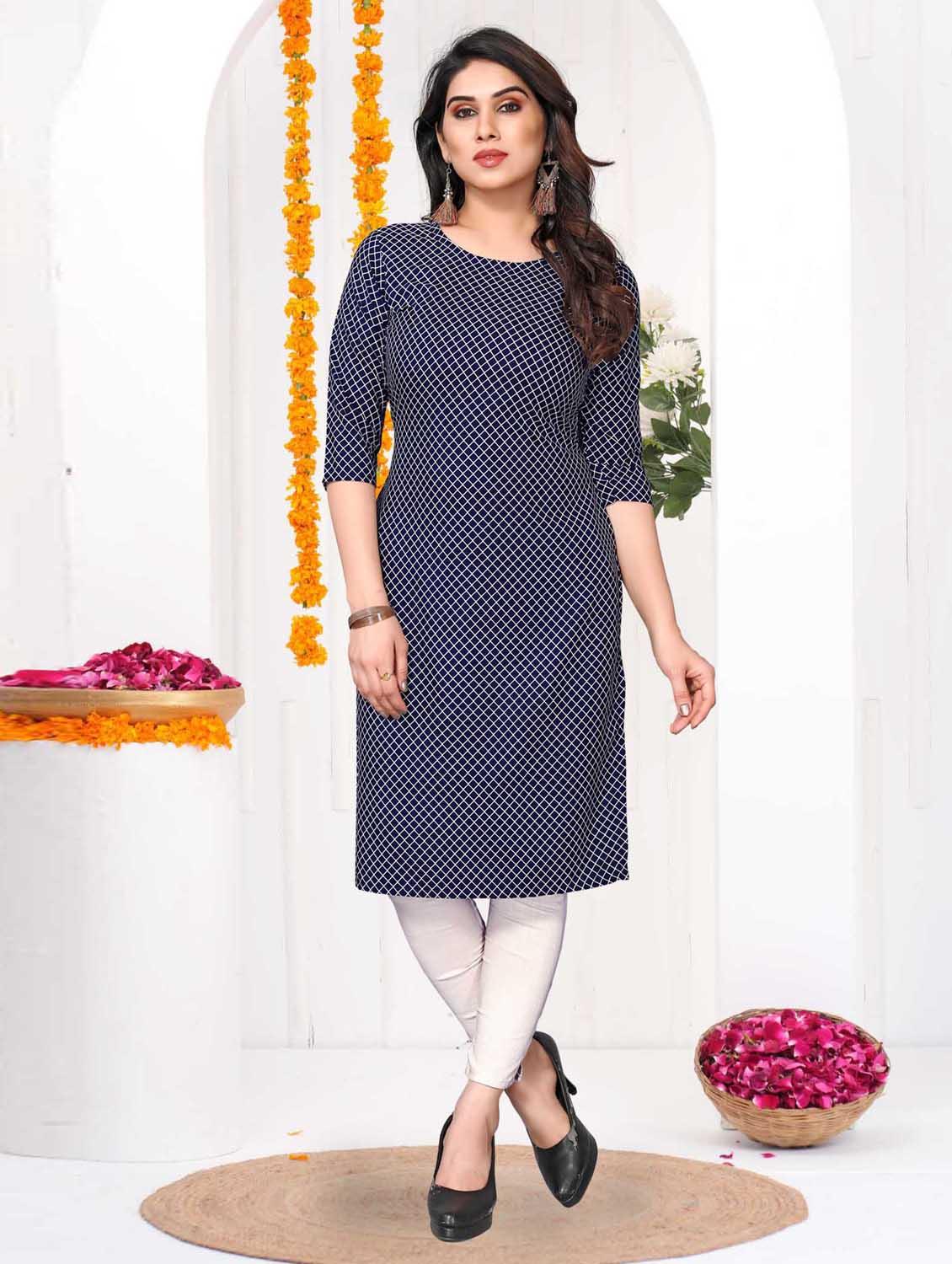 women checkered three quarter sleeve straight kurta - 21965963 - Standard Image - 4