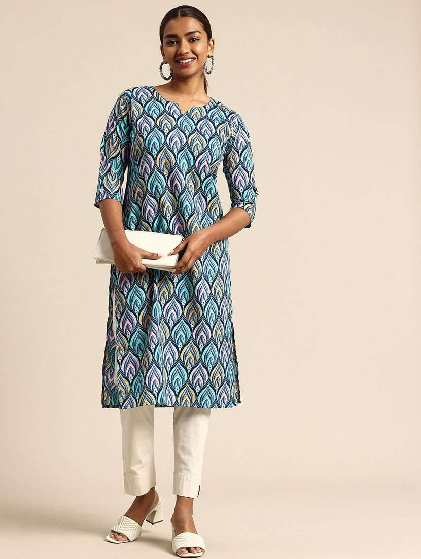women printed three quarter sleeve straight kurta
