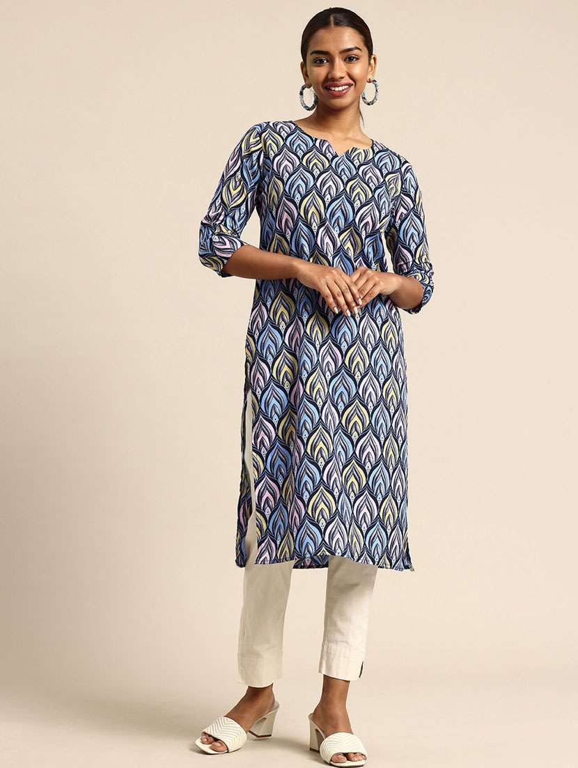 women printed three quarter sleeve straight kurta