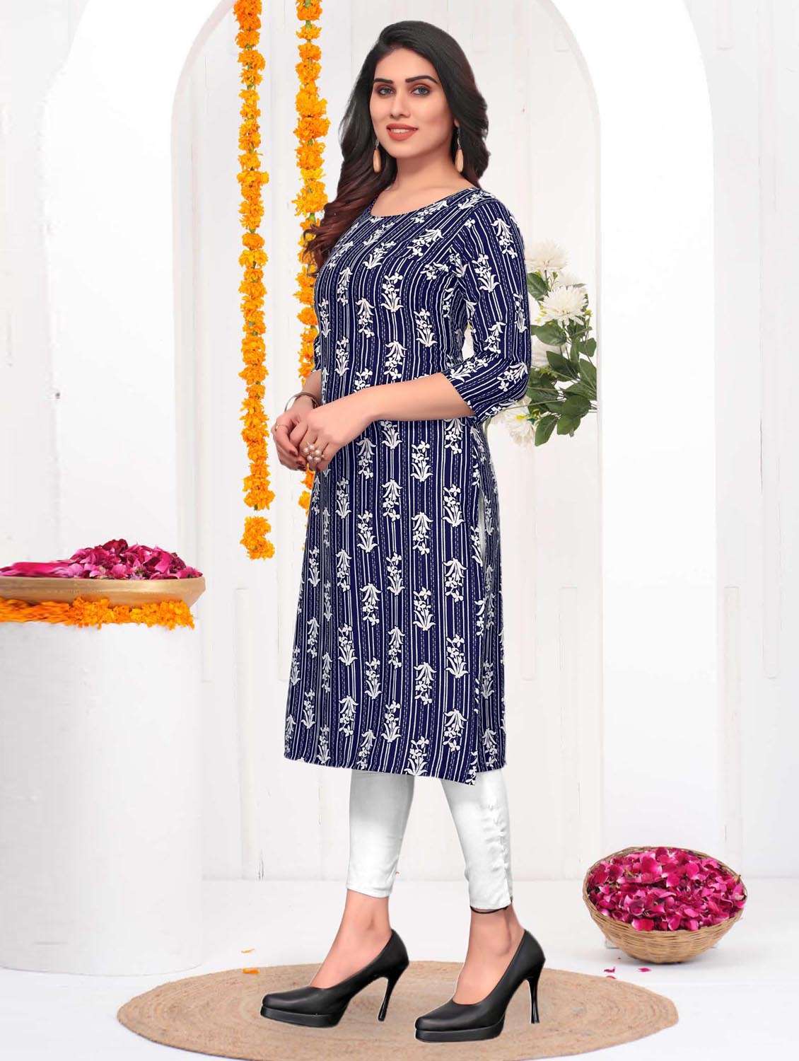 women printed three quarter sleeve straight kurta - 21965974 -  Standard Image - 1