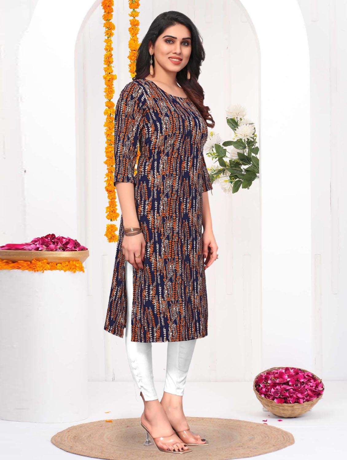 women printed three quarter sleeve straight kurta - 21965976 -  Standard Image - 1