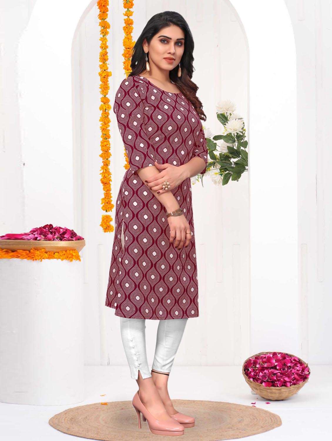 women printed three quarter sleeve straight kurta - 21965977 -  Standard Image - 1