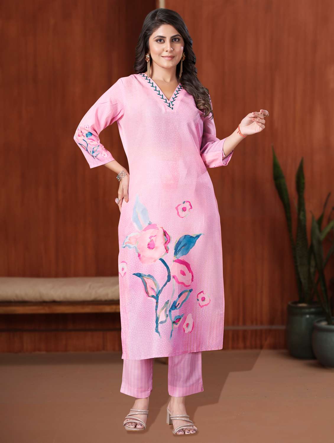women three quarter sleeve kurta pant set - 21966048 -  Standard Image - 1