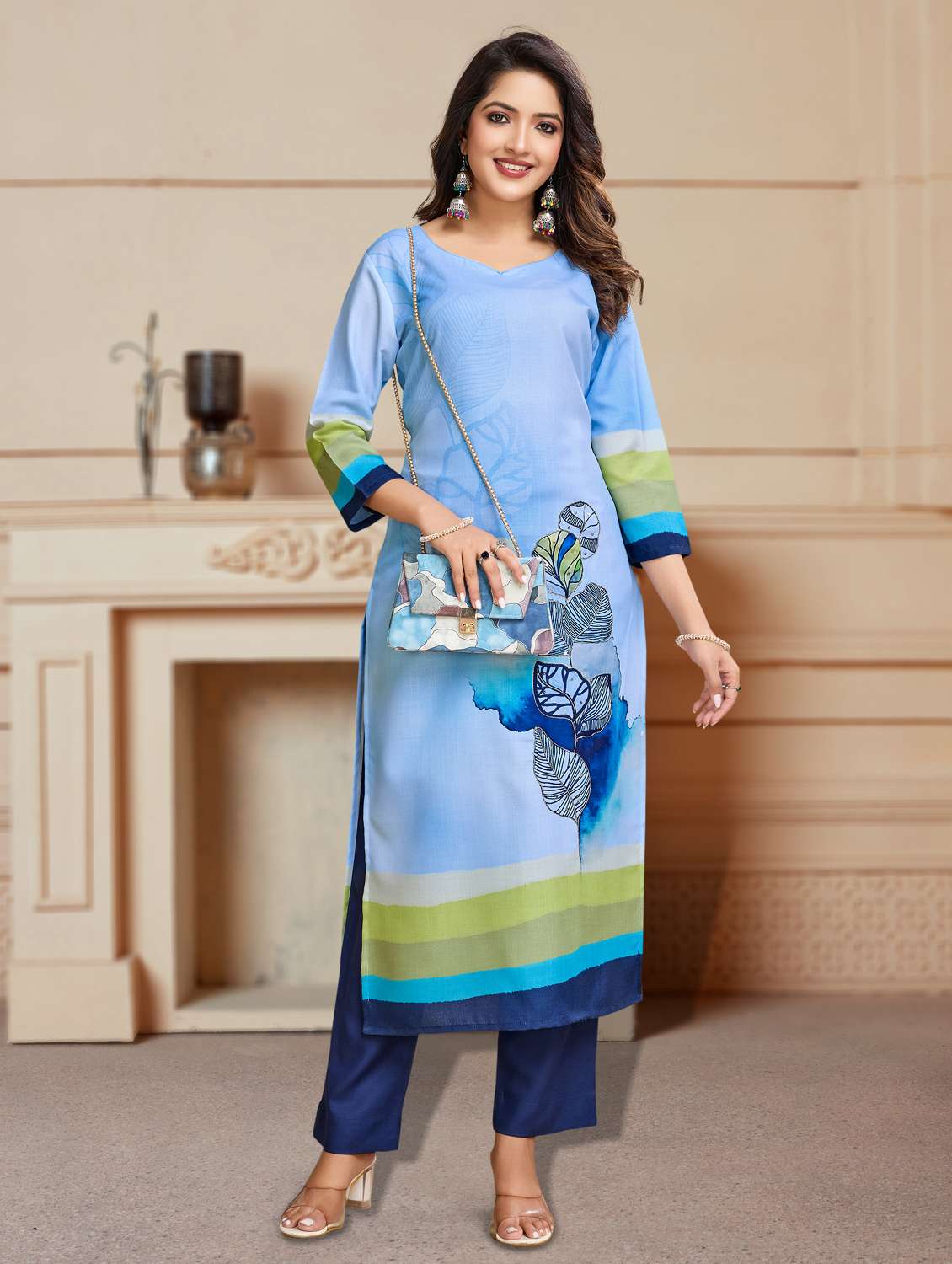women three quarter sleeve kurta pant set - 21966060 -  Standard Image - 1
