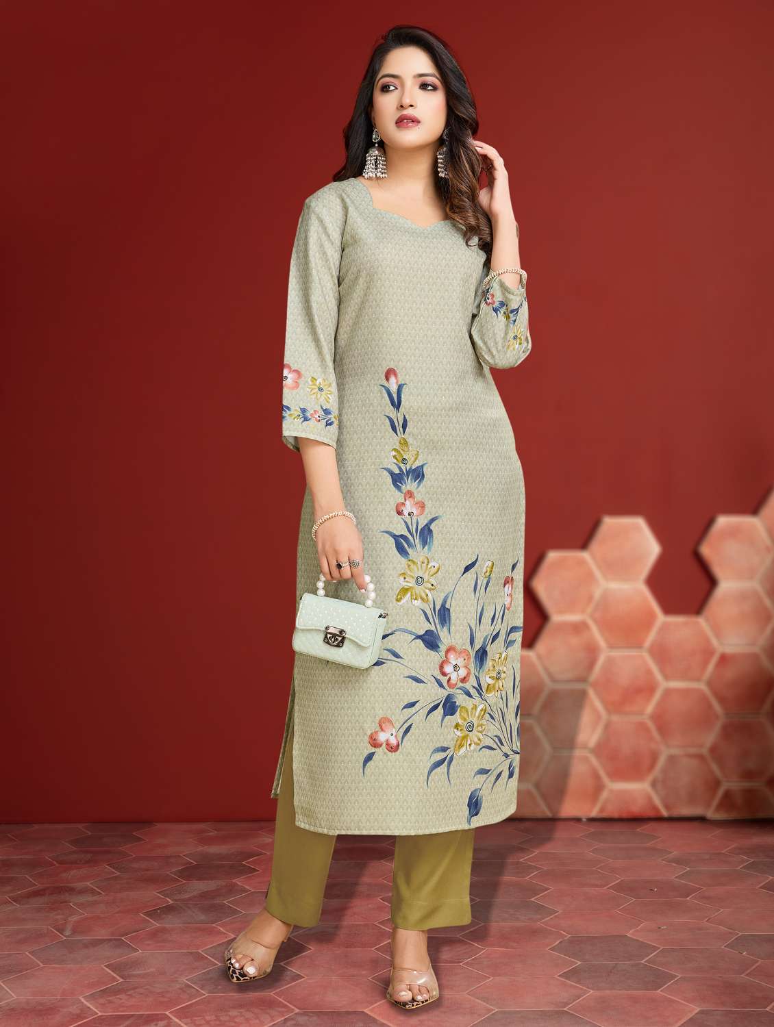 women three quarter sleeve kurta pant set - 21966061 -  Standard Image - 1