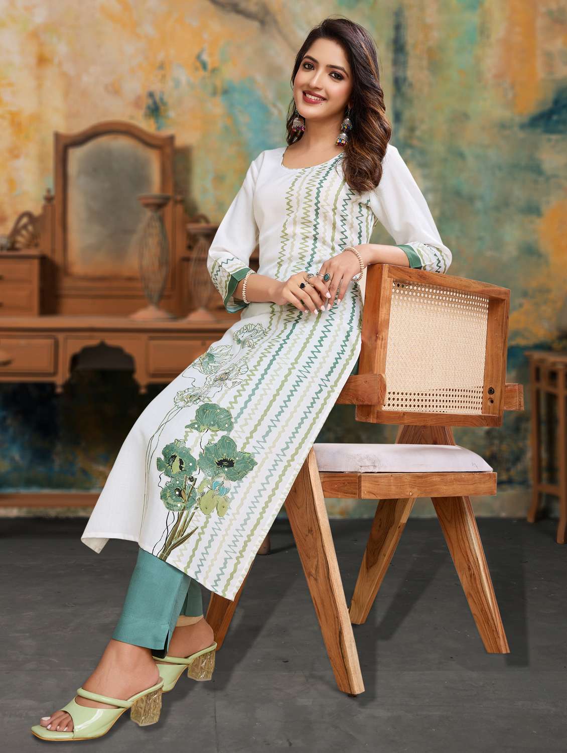 women three quarter sleeve kurta pant set - 21966062 -  Standard Image - 1