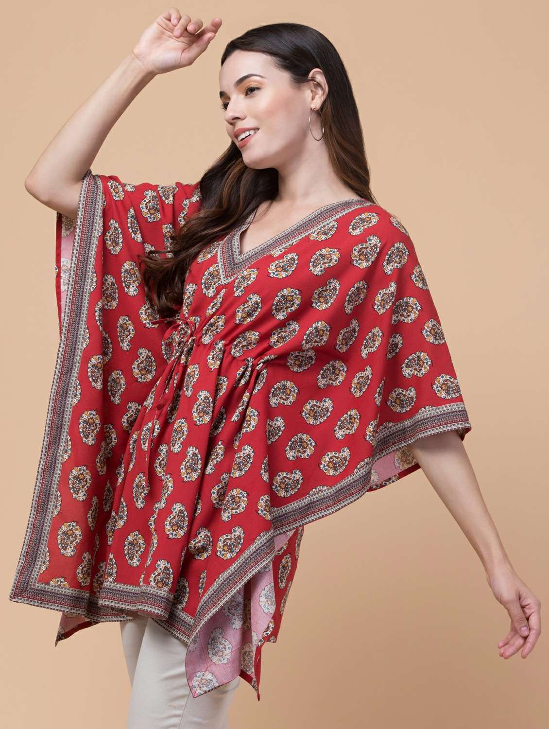 women red printed kimono sleeve kaftan kurti - 21966066 -  Standard Image - 1