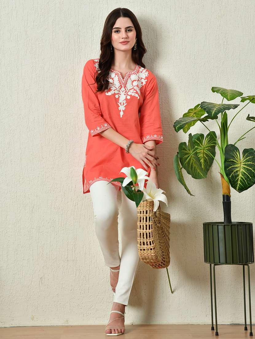 women embroidered three quarter sleeve straight kurta