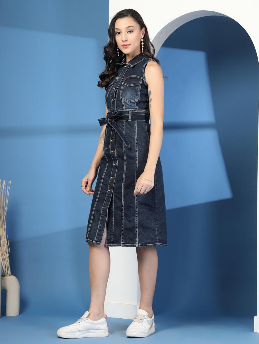 women solid collared sleeveless shirt dress - 21966093 - Standard Image - 1