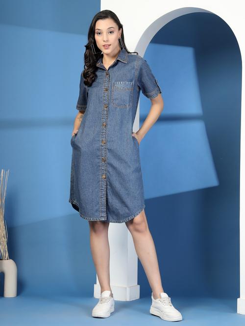 women solid collared short sleeve denim dress - 21966094 - Standard Image - 0