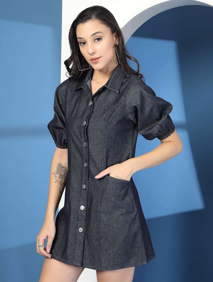 women solid puff sleeve denim shirt dress - 21966095 -  Standard Image - 1