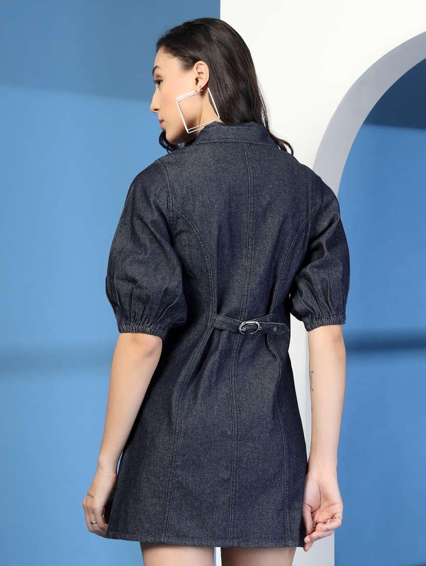 women solid puff sleeve denim shirt dress - 21966095 -  Standard Image - 4