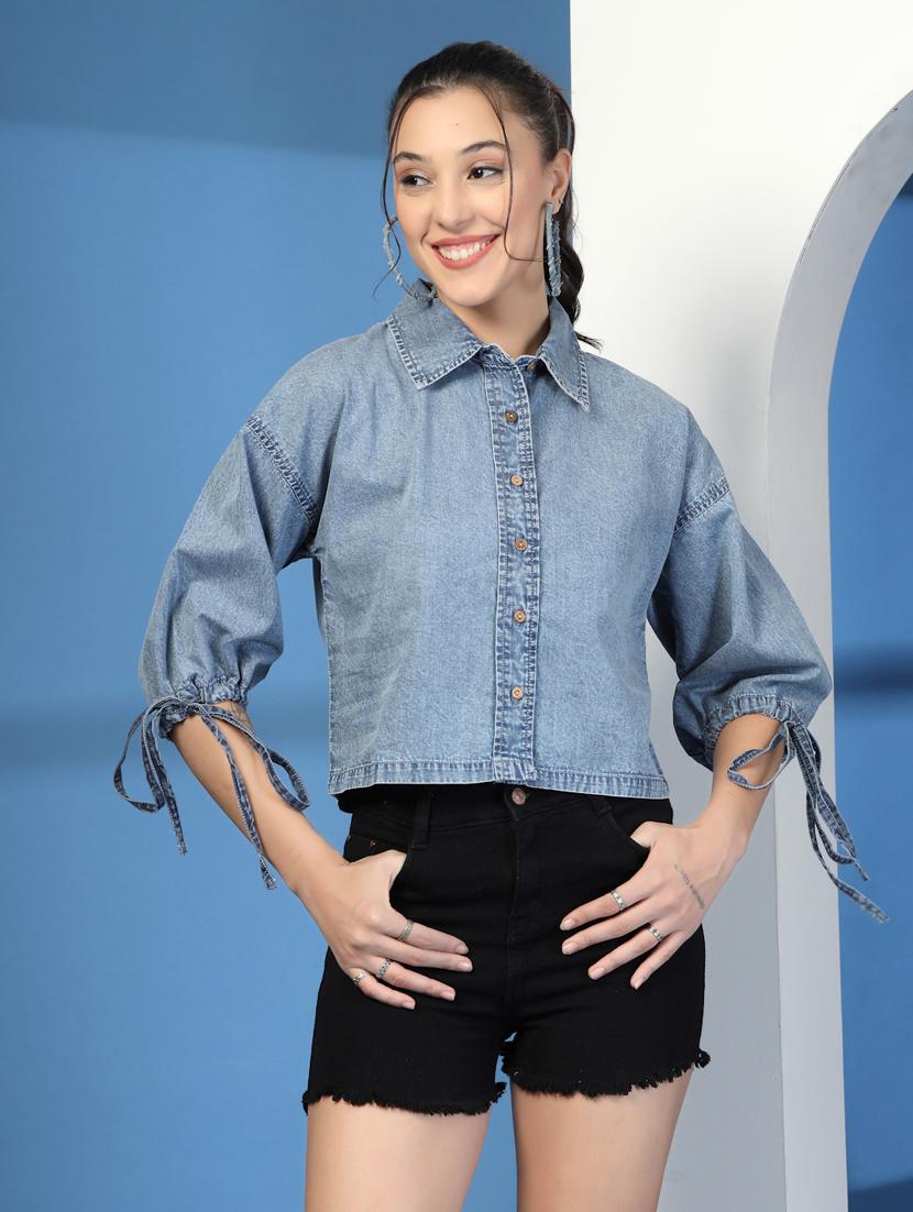 women solid collared crop denim shirt - 21966133 - Zoom Image - 0